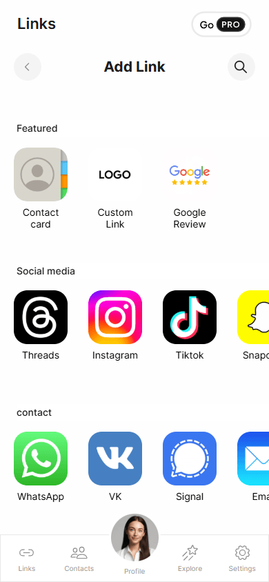 Link types available in the Tapni virtual business card maker