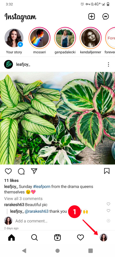 Switching to the profile tab in the Instagram app