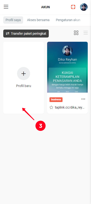 Mengetuk Profil baru di halaman dengan semua profil pengguna