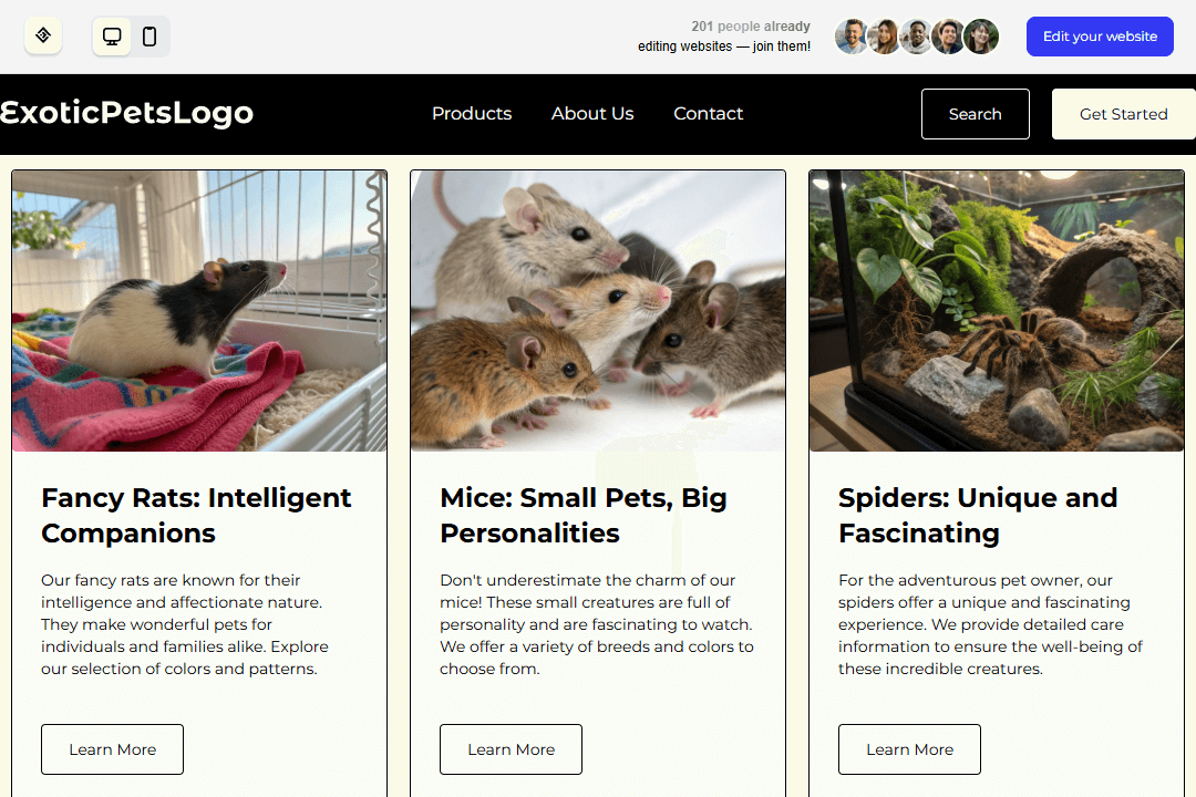A pet store website generated with the 10Web AI website maker