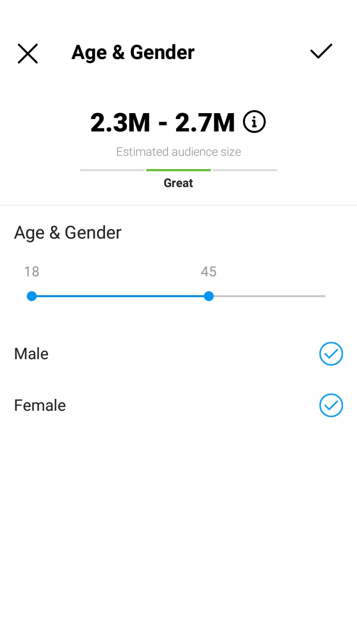 Age & Gender settings in the audience settings for boosting a post on Instagram