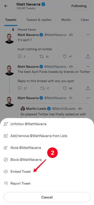 Choosing Embed Tweet on the list of Twitter post options
