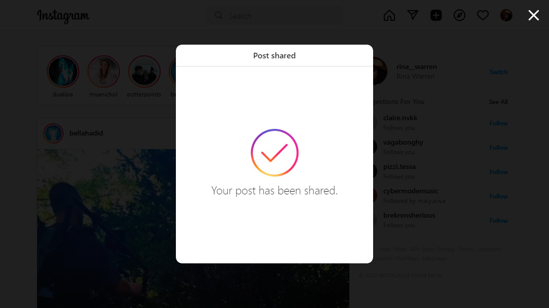 Notification about successful posting to Instagram on a computer