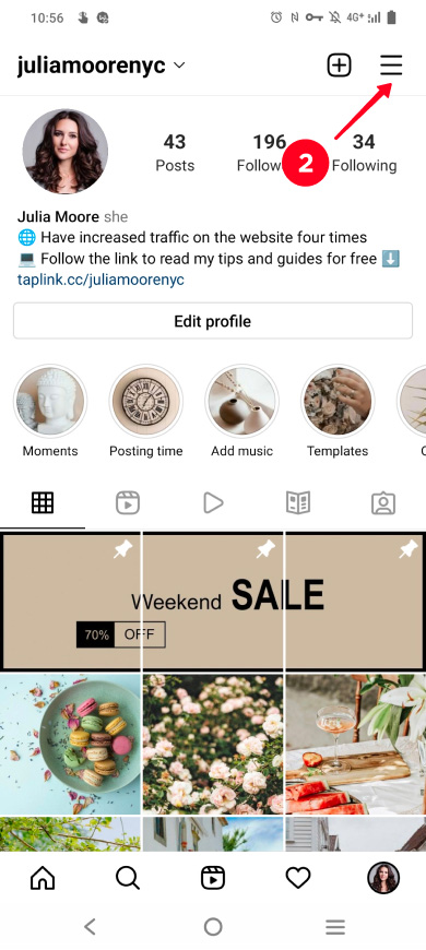 Opening the settings in the Instagram app