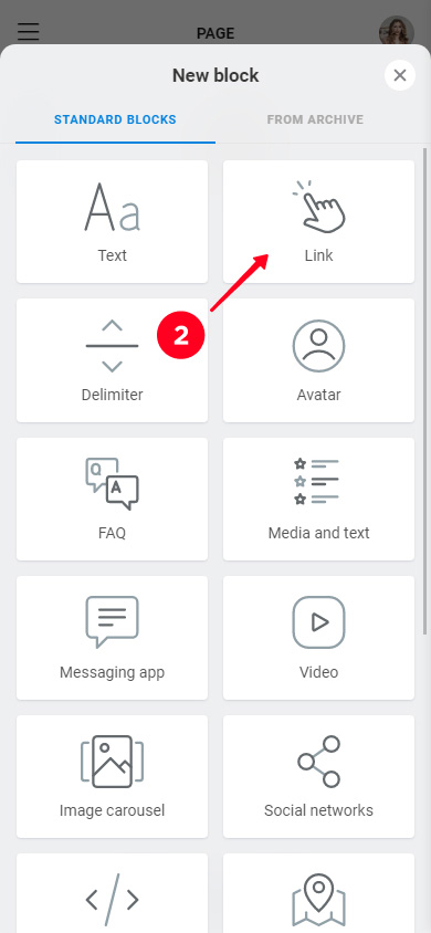 Choosing Link on the list of Taplink blocks for a link in bio page