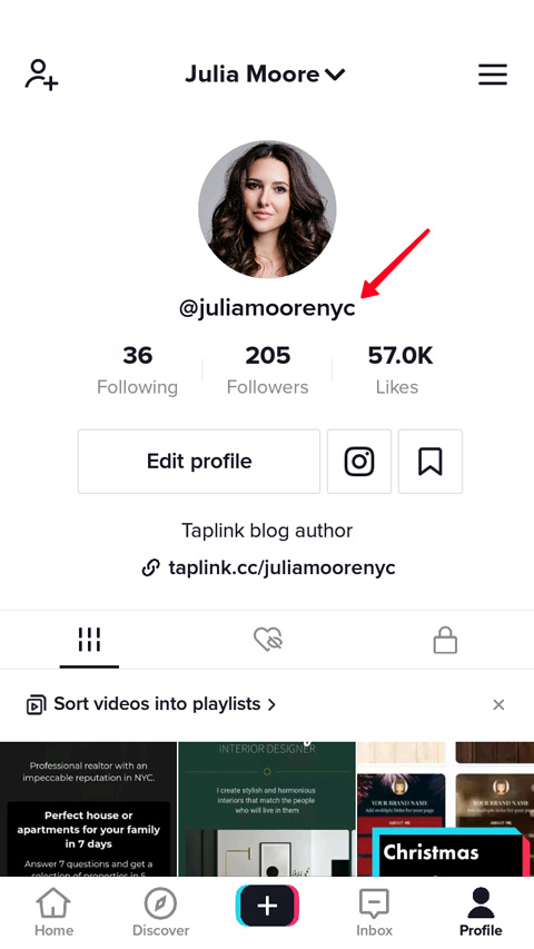 Highlighted username on a TikTok profile page