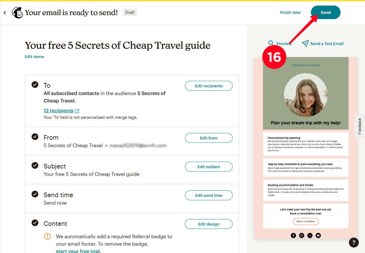 Clicking Send on the email settings page in Mailchimp
