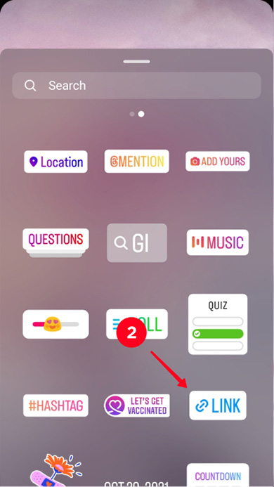 Hervorgehobener Link-Sticker in der Liste der Instagram Stories-Sticker