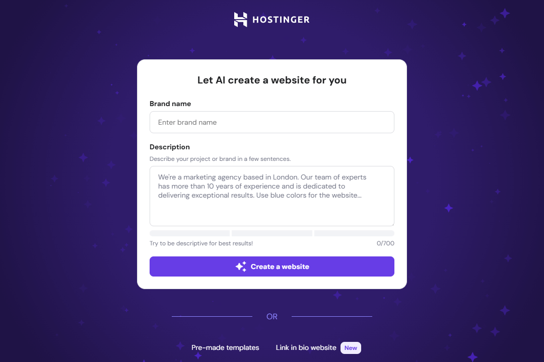 The main page of the Hostinger AI website creator