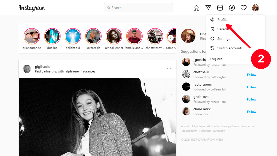 Tapping Profile in the Instagram menu on a computer