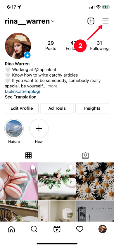 Tapping the three bar icon on an Instagram profile page