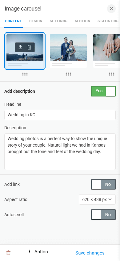 An image carousel settings page in Taplink