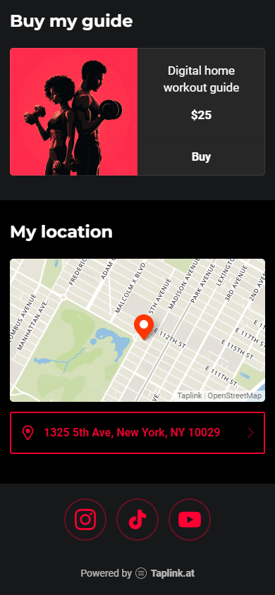 Taplink-built fitness website showing Digital product, Location, and Social media parts