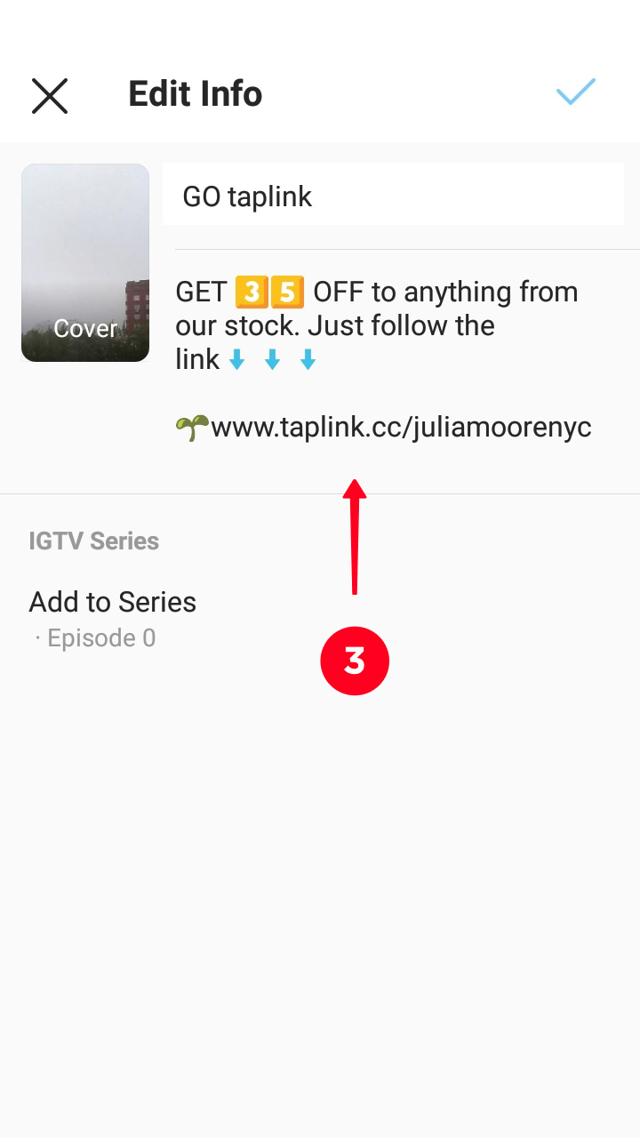 Link Taplink evidenziato nella descrizione di IGTV