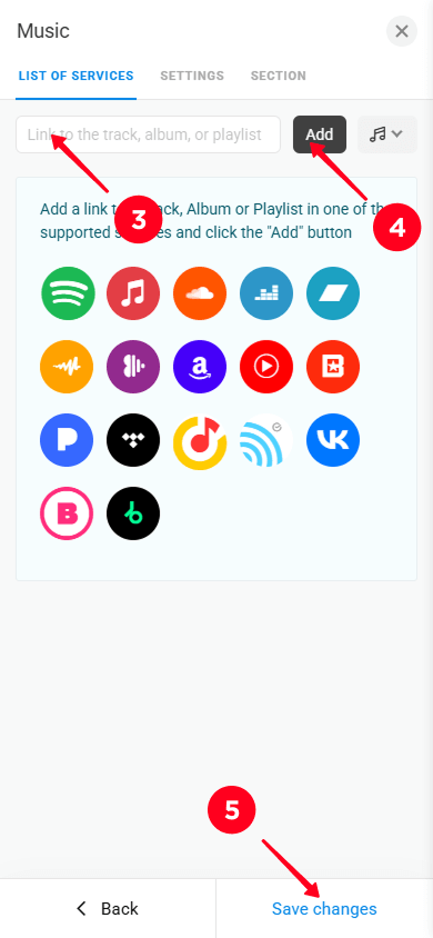 Pasting the music link, tapping Add, and saving changes in the Music block