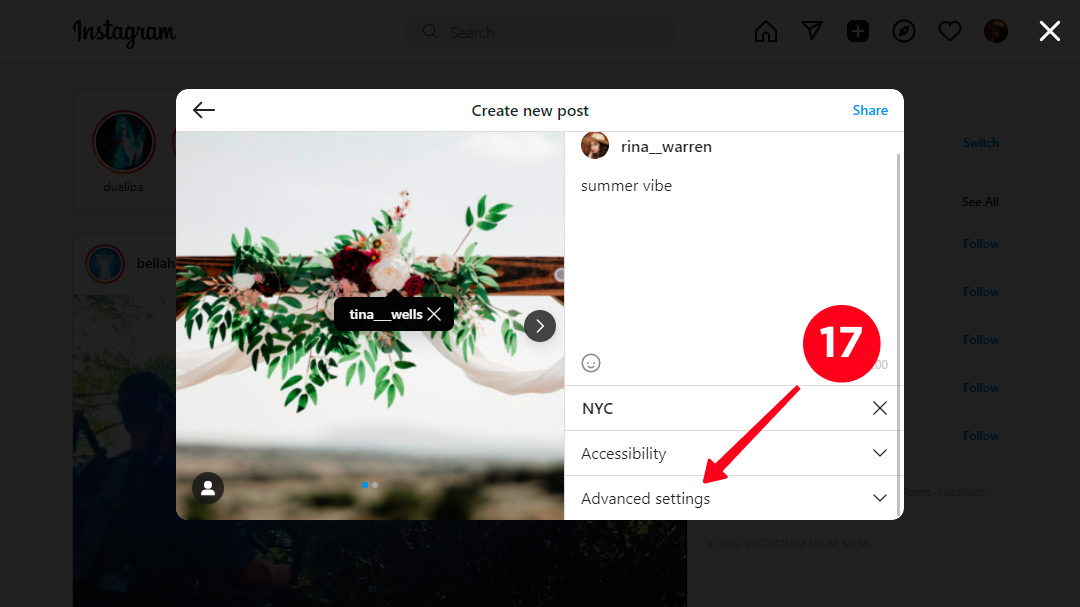 Tapping the Advanced settings in the Instagram posting menu on a Macbook