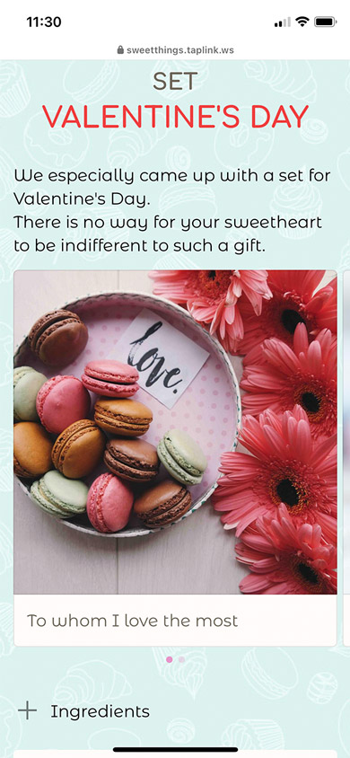 Taplink page made for a macaroon shop with a photo of a St. Valentine's Day set