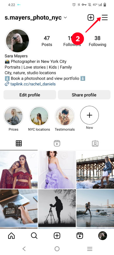 Opening settings on the Instagram profile page