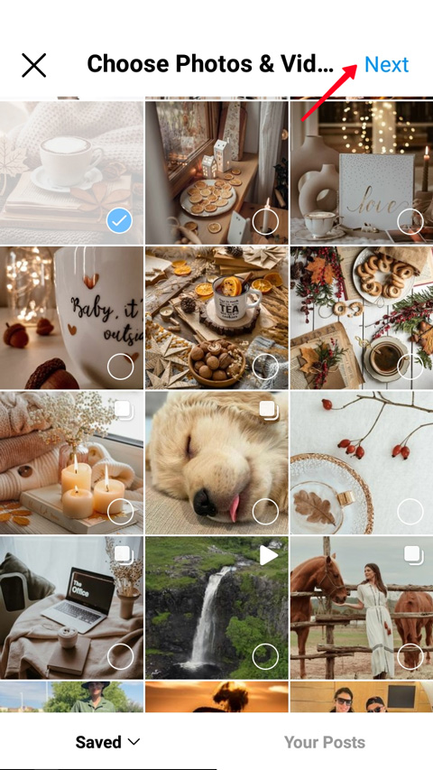 Arrow pointing at the Next button in the Instagram Guide settings