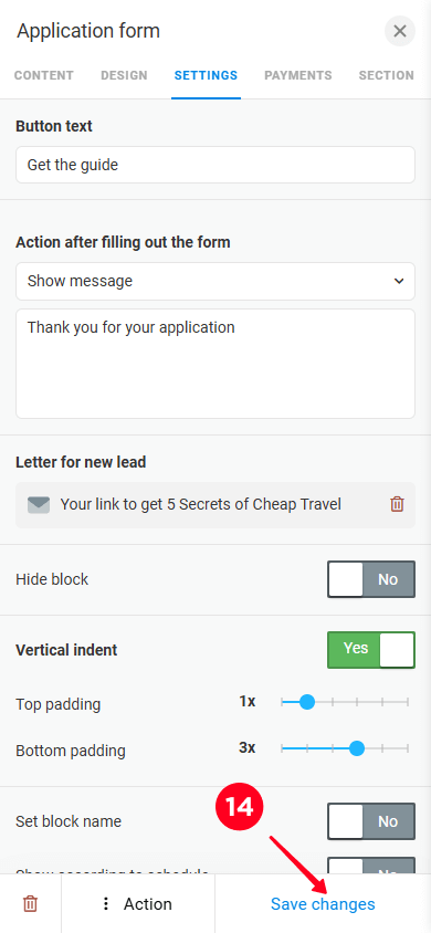 Tapping Save changes on the form settings page in the website builder