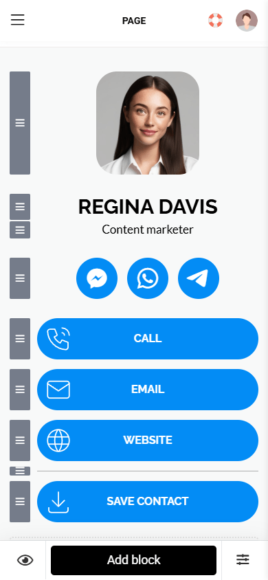 Digital business card editor in Taplink