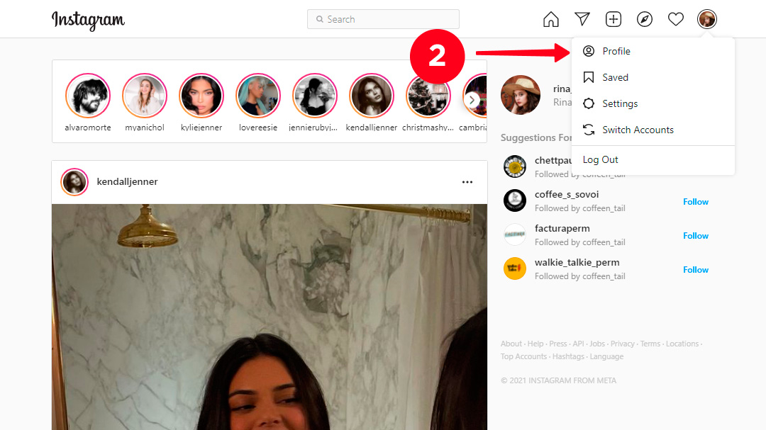 Choosing Profile in the drop-down menu on the Instagram website