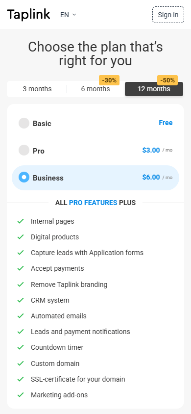 Taplink’s Business pricing plan, plan's cost, and its features