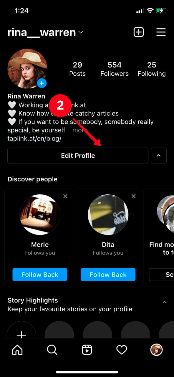 Tapping Edit profile on an Instagram page