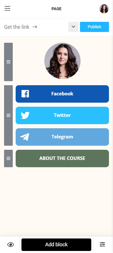 Facebook, Twitter, Telegram, and course links on a Taplink page in the editor