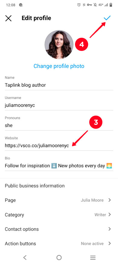 Pasting a VSCO profile link and saving changes