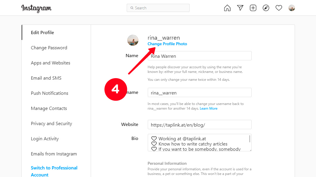 Clicking Change profile photo on an Instagram profile page on a computer
