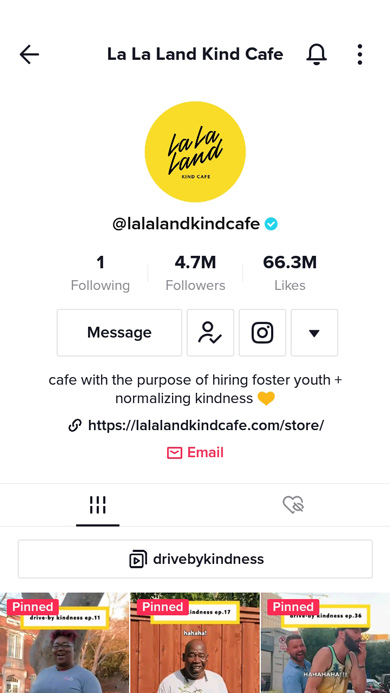 TikTok profile of a cafe in the app with a link and email button in the bio and pinned videos