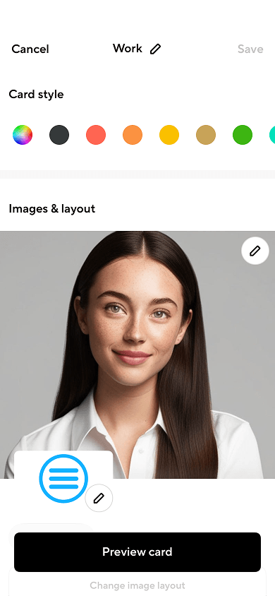 Digital business card design and content settings in Blinq