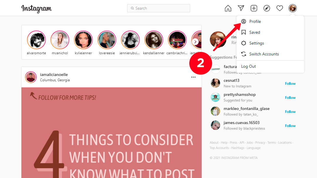 Choosing Profile in the drop-down menu on the Instagram website