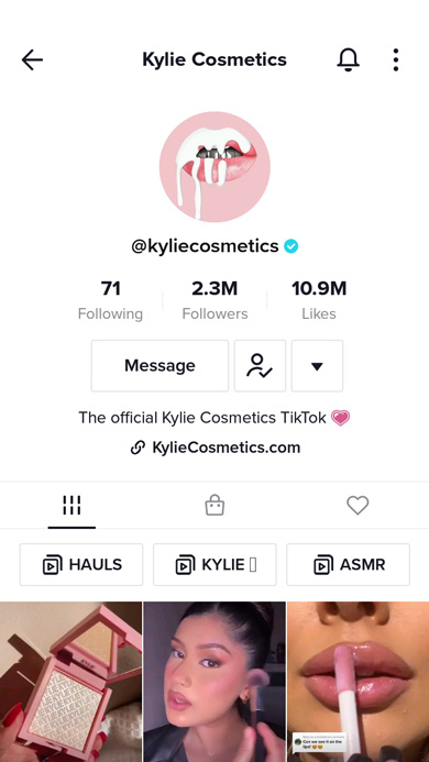 Kylie Cosmetics brand on TikTok with the brand logo set as a profile photo