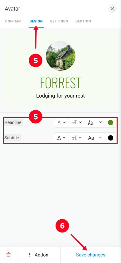 Selecting the Design tab, adjusting the headline and subtitle settings, and tapping Save changes