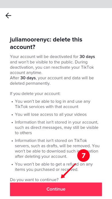 Tapping Continue when deleting a TikTok account in the app
