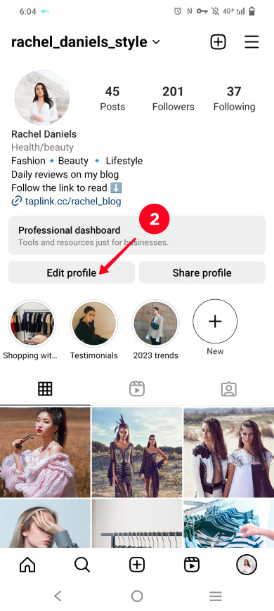 Opening profile settings in the Instagram app