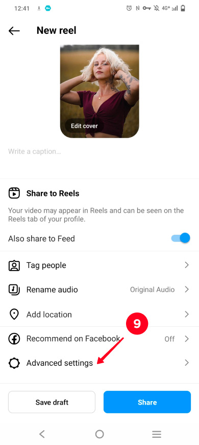 Opening Advanced settings when scheduling a reel on Instagram