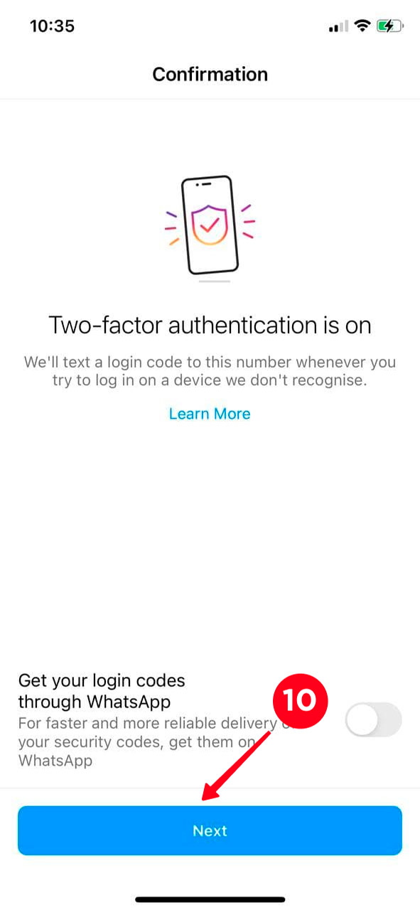 Entering a confirmation code when adding a number in th Instagram Security settings