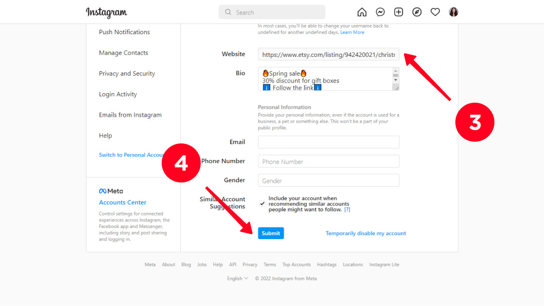 Adding an Etsy list link to the Instagram bio on the desktop site