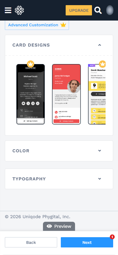 Design customization in the Uniqode digital business card maker