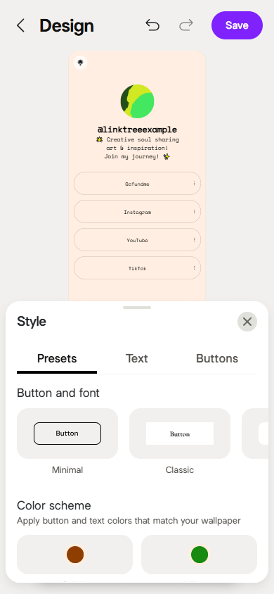 Page style settings on Linktree
