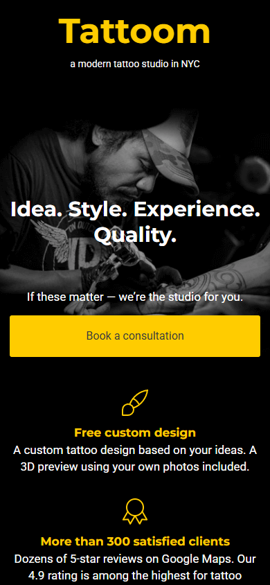 A tattooer’s website created with Taplink as an alternative to Carrd