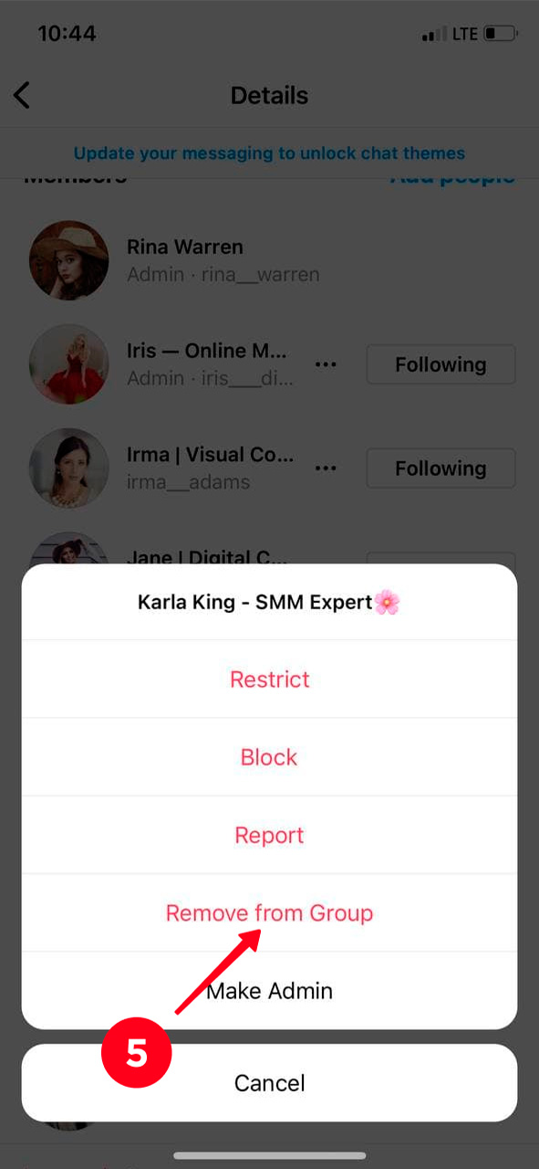 Choosing Remove from Group in the Instagram Direct