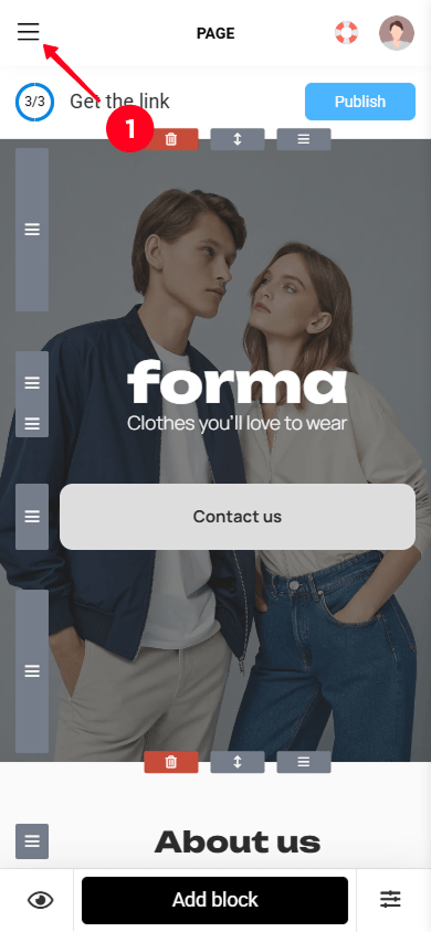 Tapping the hamburger menu icon in the clothing website editor