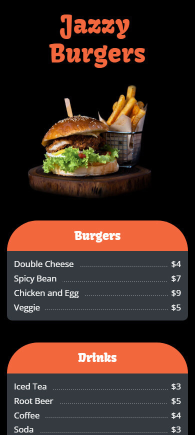 Digital burger menu showing headlines, image, and menu items