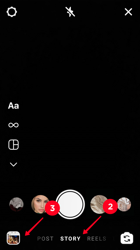 Choosing Story and tapping the camera roll in the Instagram camera