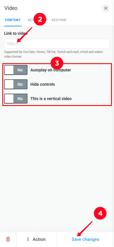 Pasting the video link, adjusting the video settings, and saving changes in the video block