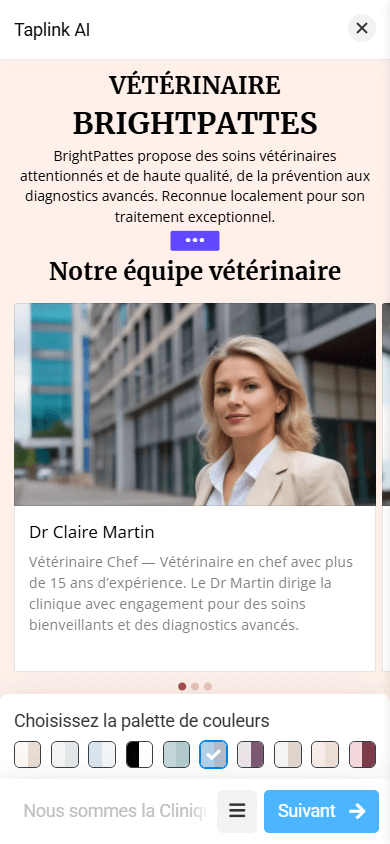 Une page avec un thème de couleurs jaune dans le générateur Taplink AI